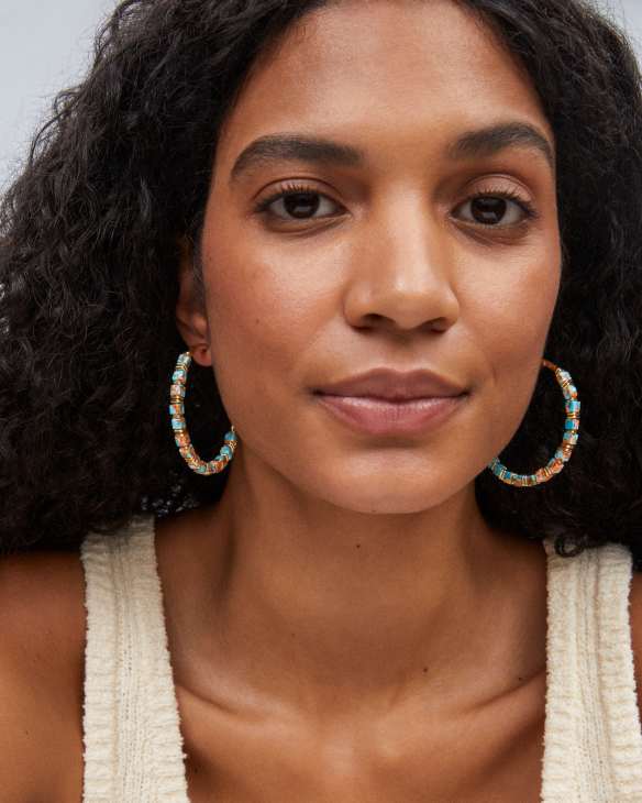Ember Gold Hoop Earrings in Bronze Veined Turquoise Magnesite Red Oyster
